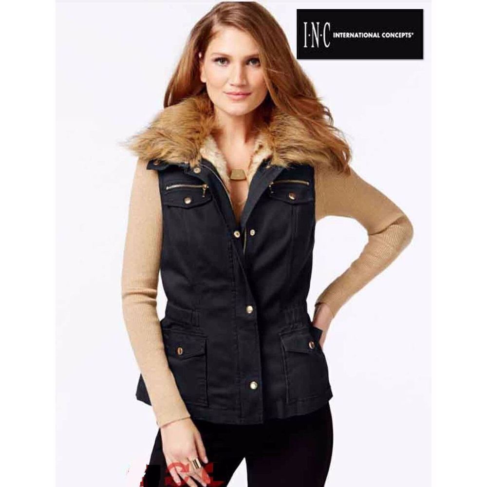 NWT INC Vintage Gorgeous Sz L INC Convertible Fur Anorak Vest Black Tan 4 in one